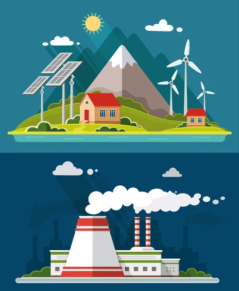 Set di ecologia. Ambiente, energia verde. Ecovita, emissioni, nat — Vettoriale Stock