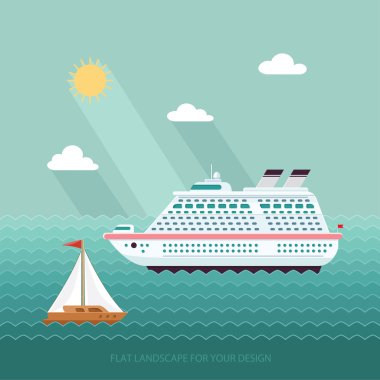 Okyanusta gemi. Dünya çapında seyahat. Düz tasarım stili vect