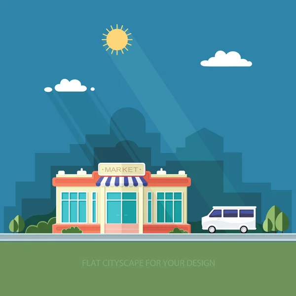 Paisaje urbano. Un supermercado y un coche. Tienda de la ciudad. vector de estilo plano — Vector de stock