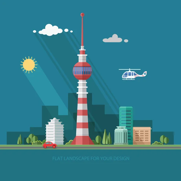 Fernsehturm. Massenmedien. Stadtbild. flache Vektor-Illustration. — Stockvektor