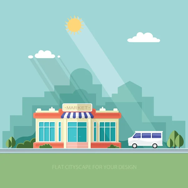 Paisaje urbano. Un supermercado y un coche. Tienda de la ciudad. vector de estilo plano — Vector de stock