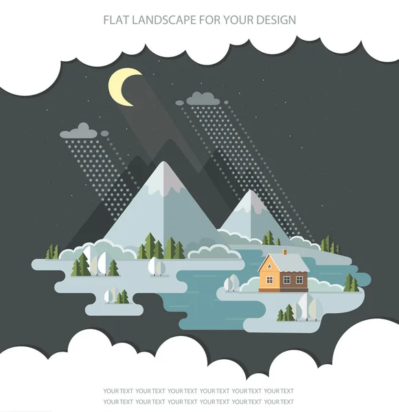 Noche invierno paisaje montañas nevadas colinas. vector plano — Vector de stock