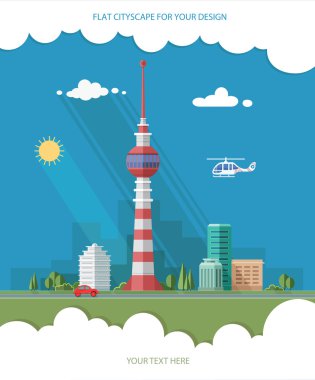 TV kulesi. Kitle iletişim araçları. Cityscape. Düz stil vektör çizim.