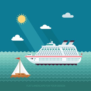 Okyanusta gemi. Dünya çapında seyahat. Düz tasarım stili vect