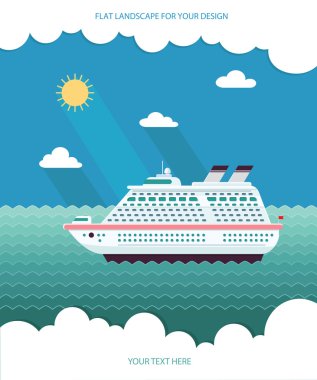 Okyanusta gemi. Dünya çapında seyahat. Düz tasarım stili vect