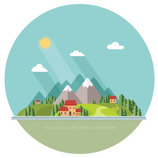 Landscape. Houses in the mountains among the trees. Flat style, — Stock Vector