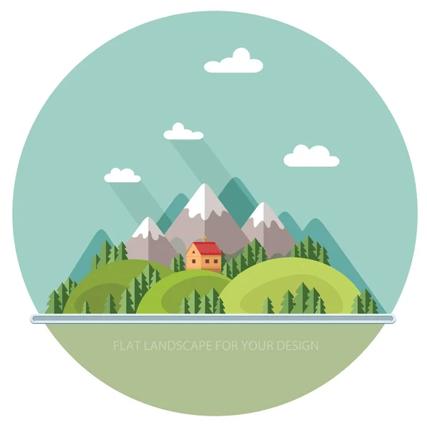 Paisaje. Casas en las montañas entre los árboles. Estilo plano , — Vector de stock