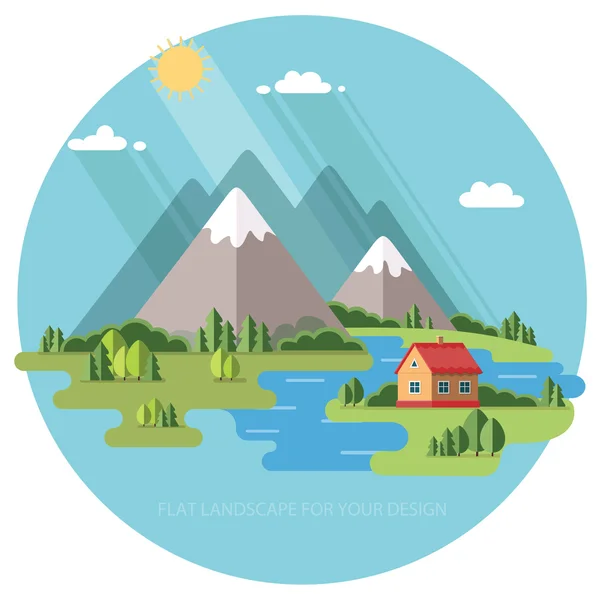 Summer  landscape. Houses in the mountains among the trees, rest — Stock Vector