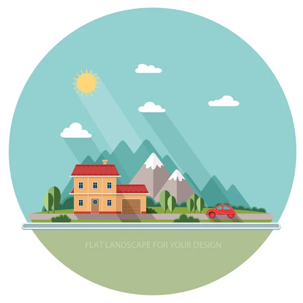 Summer landscape. Red car, Vacation home on a background of moun — Stock Vector