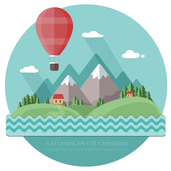 Traveling in a balloon. Spring.  Vacation home on a background o — Stock Vector