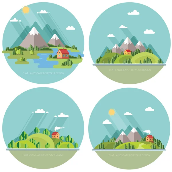 Paisaje de verano conjunto. Casas en las montañas entre los árboles , — Vector de stock