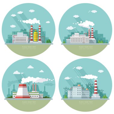 Endüstriyel manzara küme. Nükleer santral ve fabrika üzerinde