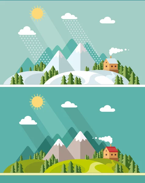 Yaz ve kış manzara. t arasında tepe üzerinde güzel ev