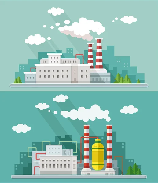 Set industrial landscape. Factory, nuclear power plant on th — Stock Vector