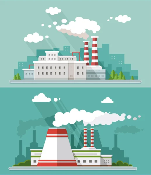 Establecer paisaje industrial. Fábrica, central nuclear en th — Vector de stock