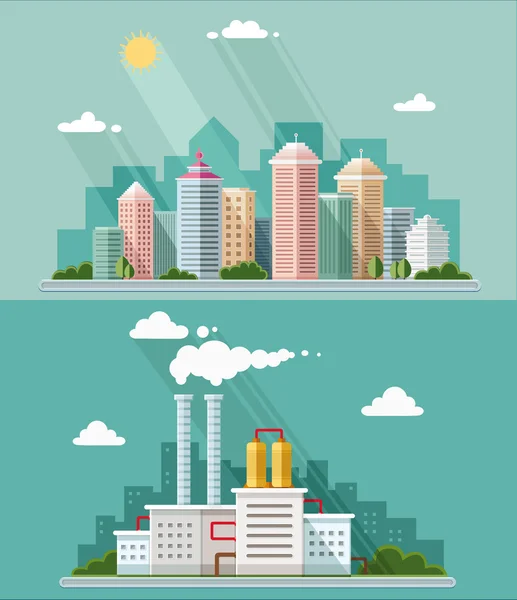 Conjunto de diseño plano. Ilustraciones de paisaje urbano incluyendo abajo — Vector de stock