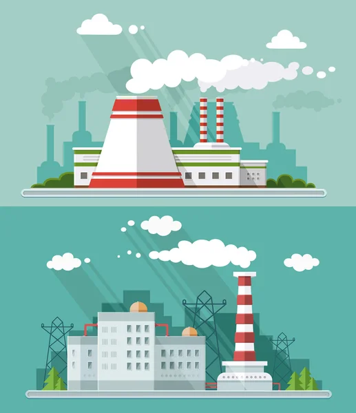 工业景观集。核发电厂和工厂 — 图库矢量图片