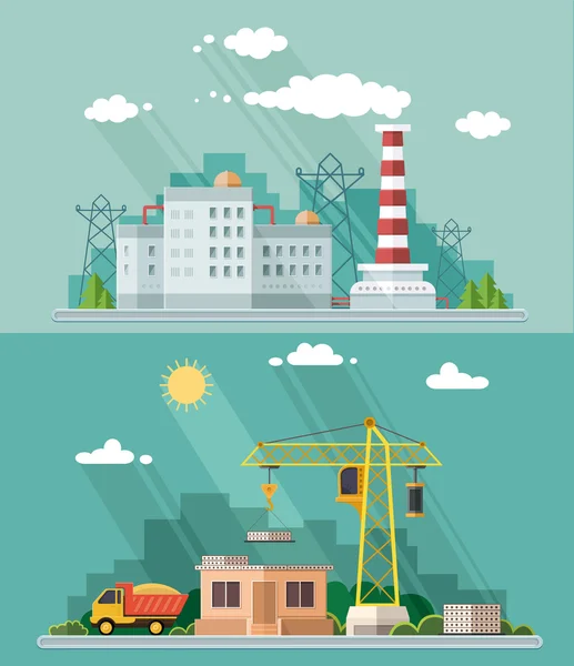 Industrial landscape set. The nuclear power plant and factory, b — Stock Vector
