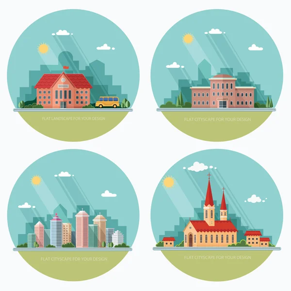 Set di icone della vita urbana. Scuola, chiesa, università, città. F I — Vettoriale Stock