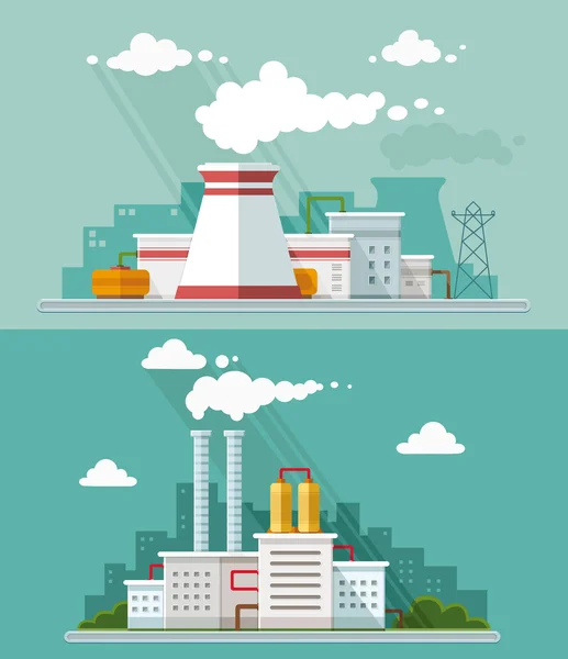 Industrial landscape set. The nuclear power plant and factory on — Stock Vector