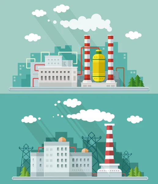 Conjunto de paisaje industrial. La central nuclear y la fábrica en — Vector de stock