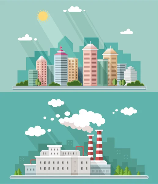 Conjunto de diseño plano. Ilustraciones de paisaje urbano incluyendo abajo — Vector de stock