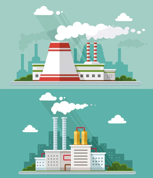工业景观集。核发电厂和工厂 — 图库矢量图片