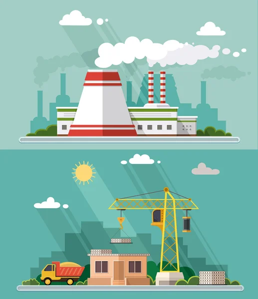 Conjunto de paisaje industrial. La central nuclear y la fábrica, b — Vector de stock