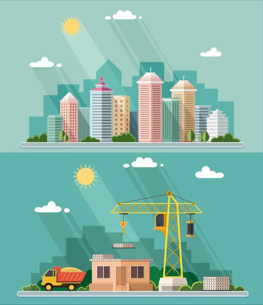 Paysage urbain illustration ensemble. grande ville, chantier de construction, b — Image vectorielle