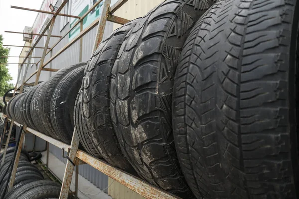 Used Car Tires Recycling Plant Wheels Trucks Background Environmental Theme — Stock Photo, Image