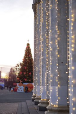 Yeni yıl için güzel yeşil Noel ağacı Guiards ve şehir ışıklarında.