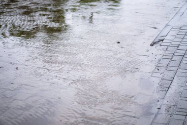 Suda çok renkli kaldırım taşları var. Yağmurdaki taşların dokusu. Fotoğraf arkaplanı