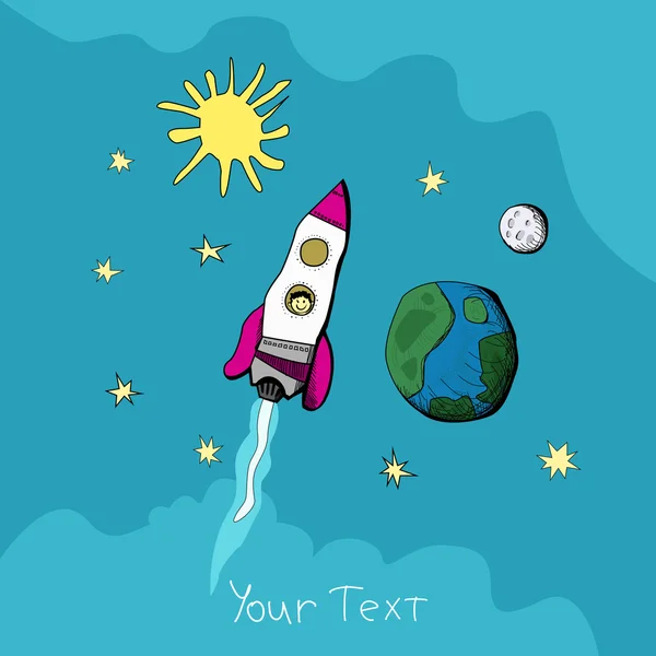 Του παιδιού σχέδιο ενός πυραύλου στο διάστημα κοντά τους πλανήτες. — Διανυσματικό Αρχείο