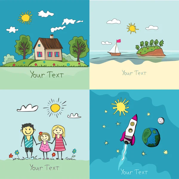 Niño dibujo hermoso paisaje. Una casa grande. familia feliz. 5. — Vector de stock