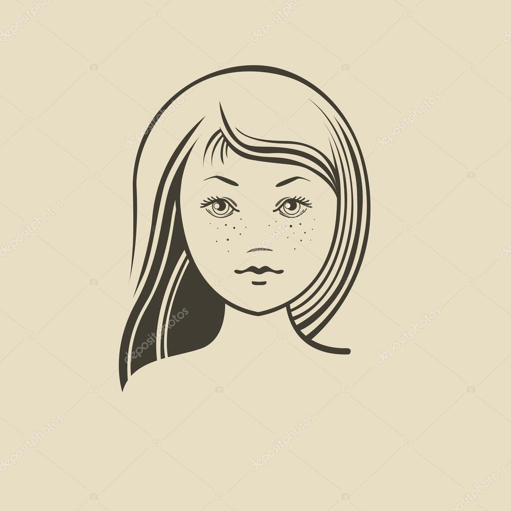 Beautiful woman portrait looking at camera. girl face logo on a white background. Linear fashion sketch. vector illustration.