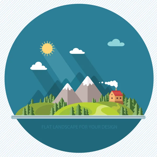 Landscape. Houses in the mountains among the trees. Flat style, — Stock Vector