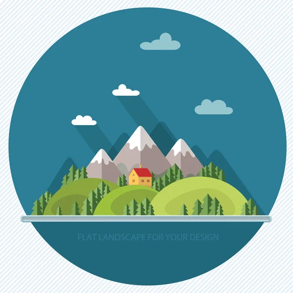 Landscape. Houses in the mountains among the trees. Flat style, — Stock Vector