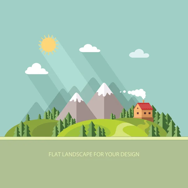 Landscape. Houses in the mountains among the trees. Flat style, — Stock Vector