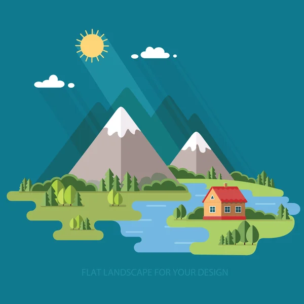 Yaz manzara. Ağaçlar, diğerleri arasında dağlar evlerde