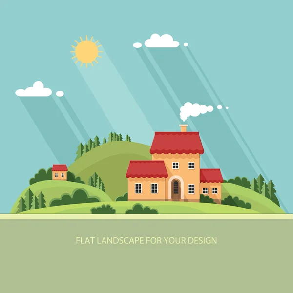 Verano paisaje.Pequeña calle de la ciudad con pequeñas casas y árboles . — Vector de stock