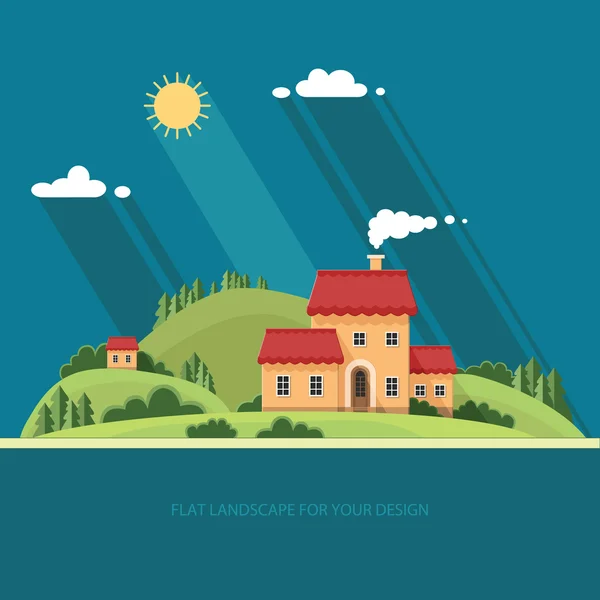 Summer landscape.Little city street with small houses and trees. — Stock Vector
