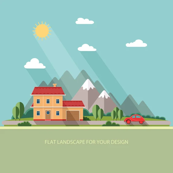 Summer landscape. Red car, Vacation home on a background of moun — Stock Vector