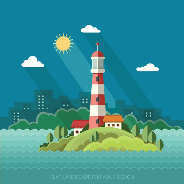 Summer landscape. The lighthouse on the background of the city. — Stock Vector