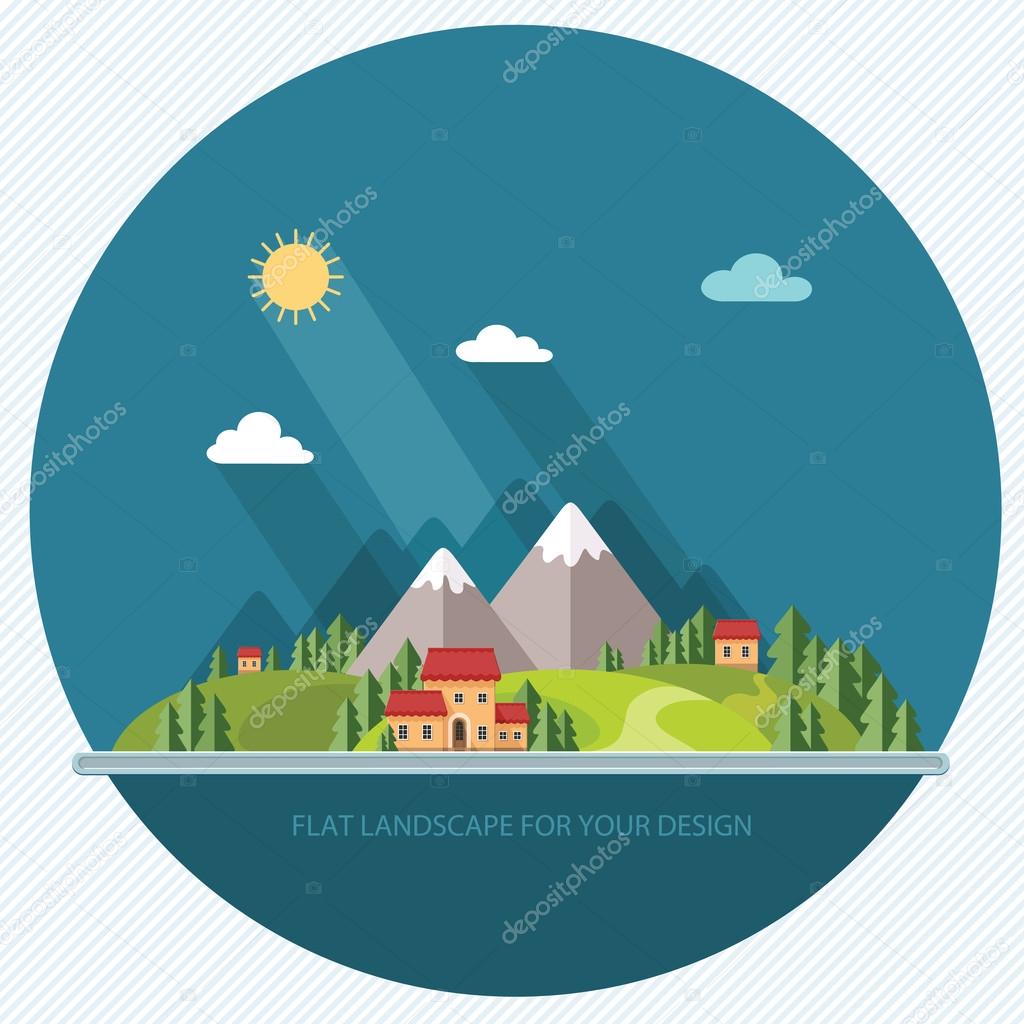 Landscape. Houses in the mountains among the trees. Flat style, 