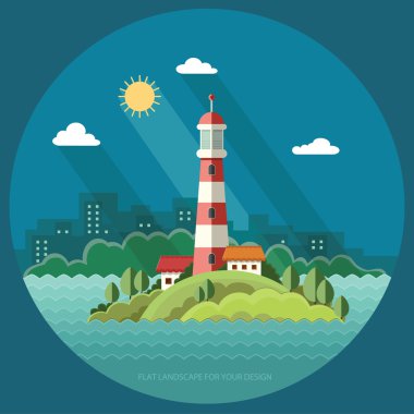 Yaz manzara. Şehrin arka plan üzerinde deniz feneri. 