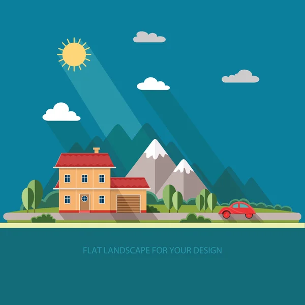 Summer landscape. Red car, Vacation home on a background of moun — Stock Vector