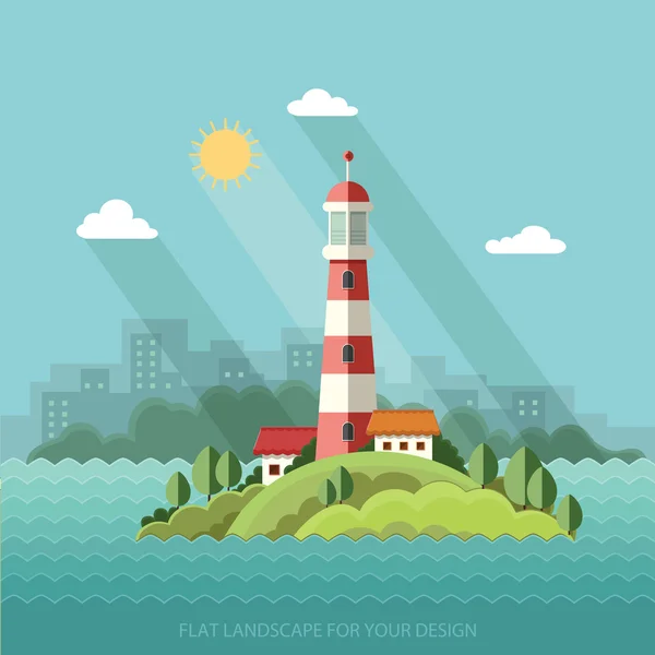 Yaz manzara. Şehrin arka plan üzerinde deniz feneri. 