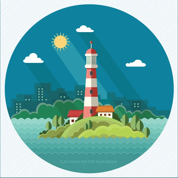 Summer landscape. The lighthouse on the background of the city. — Stock Vector