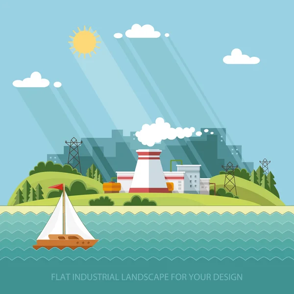 Energy station, industrial landscape. The nuclear power plant on — Stockvector