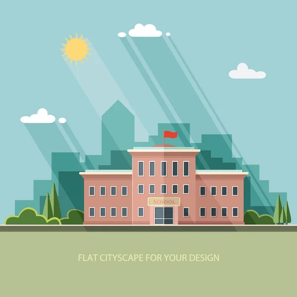Okula hoş geldiniz. Şehrin arka plan üzerinde bina. 